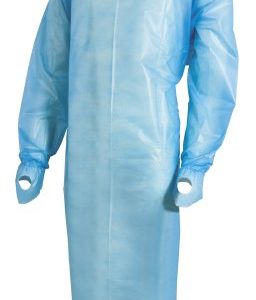 Isolation/Exam Gowns with Sleeves & Thumb Loops and Open Back - Blue Polyethylene Pkg of 10
